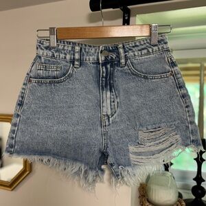 Distressed Light Blue High-Waist Denim Shorts